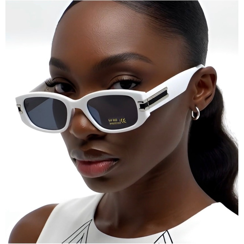 White Rectangle Sunglasses UV400 Retro Modern Thick Frame Dark Lens Shades Women